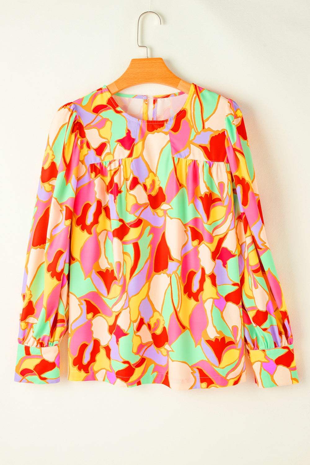 Contrast Print Round Neck Long Sleeve Blouse - Trendsi - Flyclothing LLC
