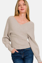 Zenana Cross Wrap Rib Long Sleeve Sweater - Trendsi - Flyclothing LLC