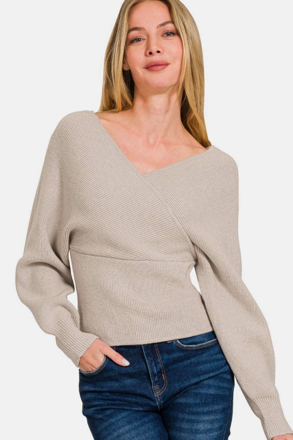 Zenana Cross Wrap Rib Long Sleeve Sweater - Trendsi - Flyclothing LLC