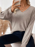 Ribbed V Neck Contrast Ribbon Bow Back Drop Shoulder Long Sleeve Top - Trendsi - Flyclothing LLC