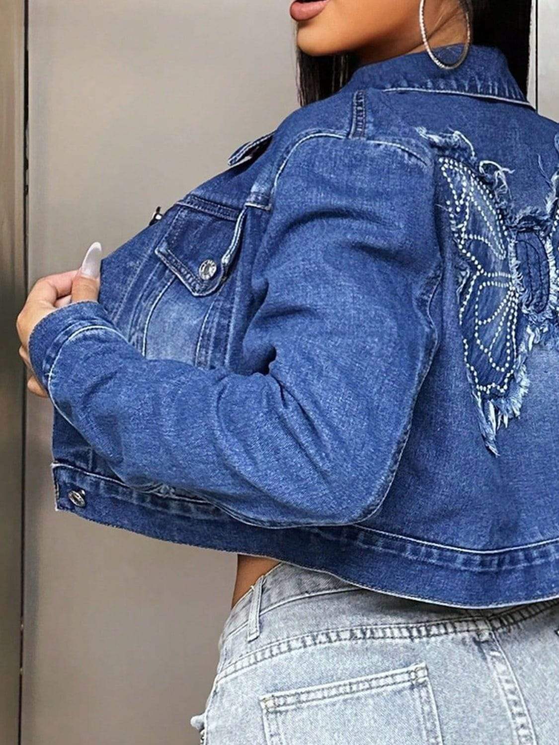 Butterfly Patch Long Sleeve Cropped Denim Top - Trendsi - Flyclothing LLC