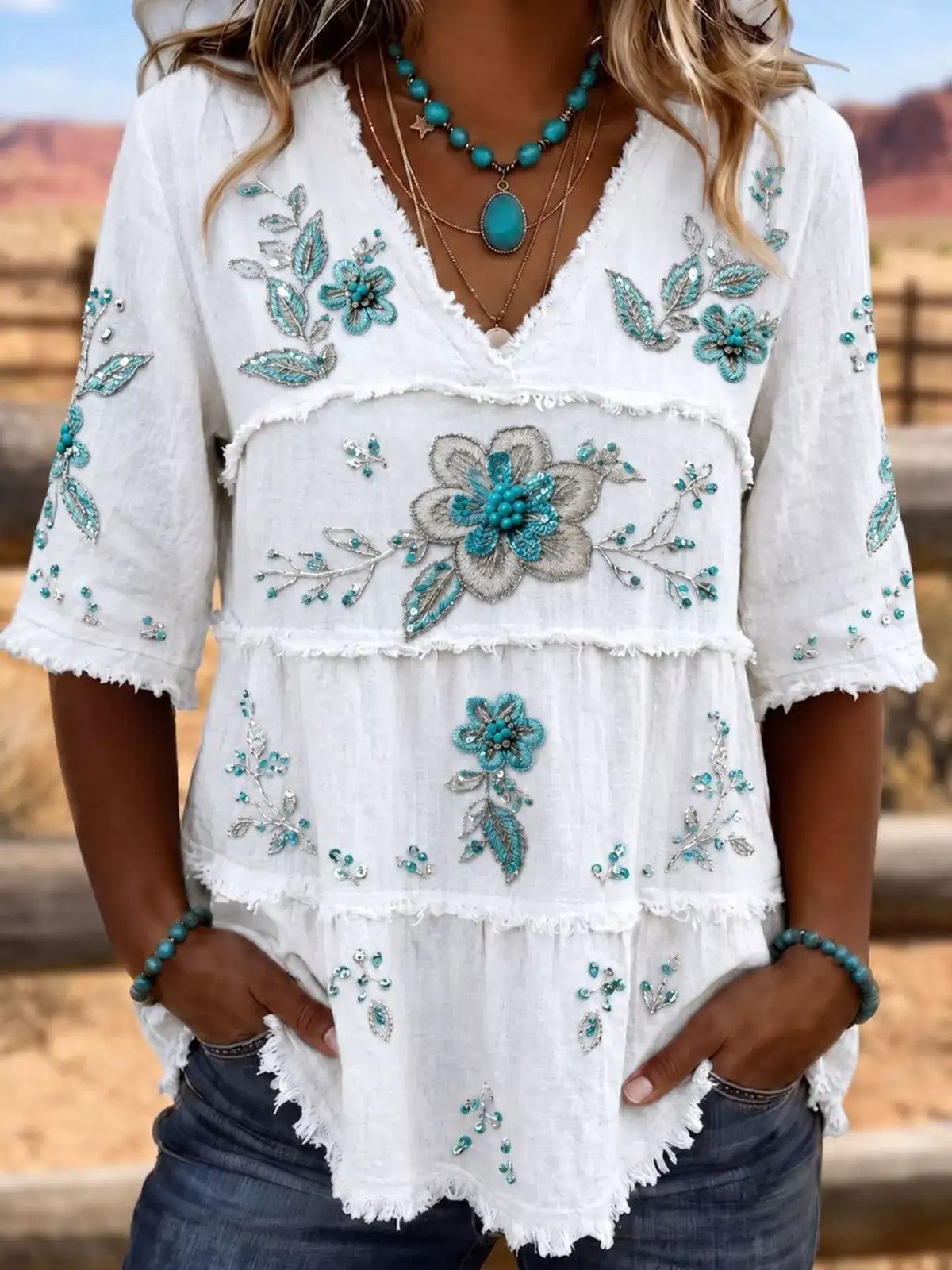 Full Size Floral Raw Hem V-Neck Blouse Plus Size - Trendsi - Flyclothing LLC