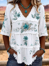 Full Size Floral Raw Hem V-Neck Blouse Plus Size - Trendsi - Flyclothing LLC