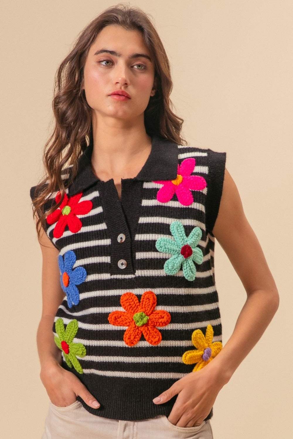 BiBi Flower Patch Striped Half Button Sweater Vest - Trendsi - Flyclothing LLC