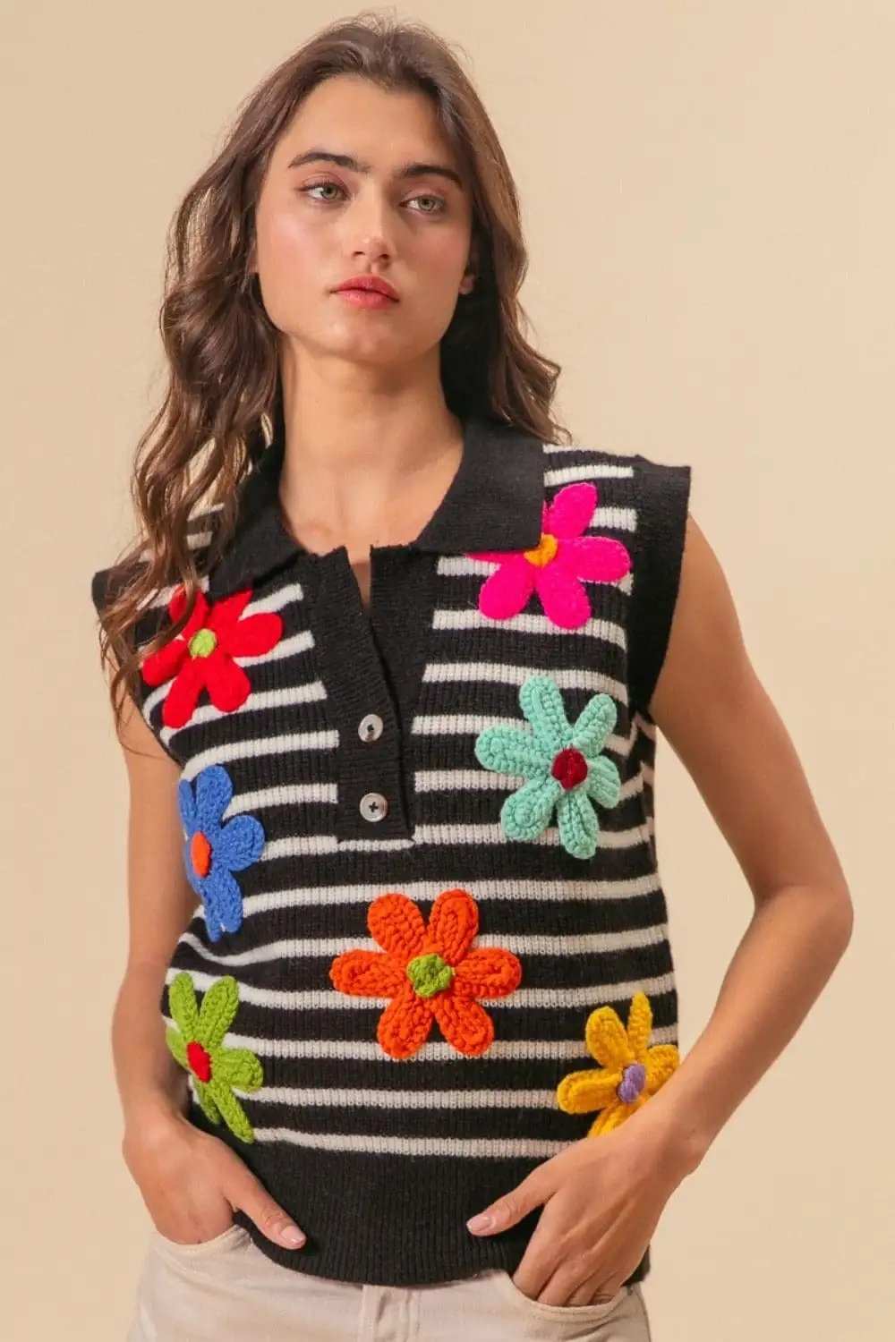 BiBi Flower Patch Striped Half Button Sweater Vest - Trendsi - Flyclothing LLC