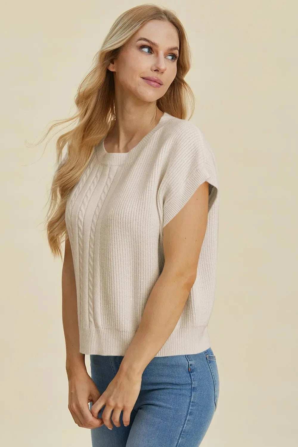 Double Take Full Size Cable-Knit Round Neck Short Sleeve Sweater - Trendsi - Flyclothing LLC