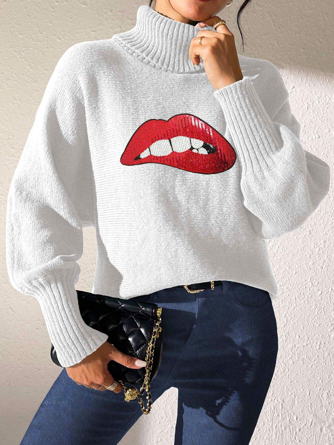 Lip Turtleneck Long Sleeve Sweater - Trendsi - Flyclothing LLC