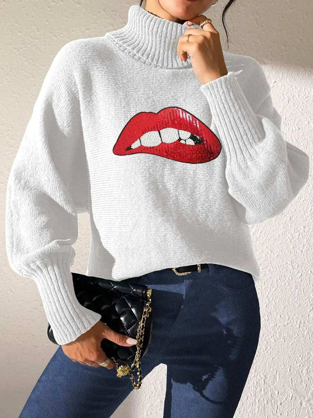 Lip Turtleneck Long Sleeve Sweater - Trendsi - Flyclothing LLC