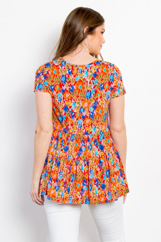 Be Stage Full Size Floral Short Sleeve Babydoll Top - Trendsi