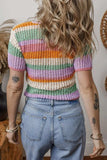 Contrast Striped V Neck Short Sleeve Pointelle Knit Top - Trendsi - Flyclothing LLC