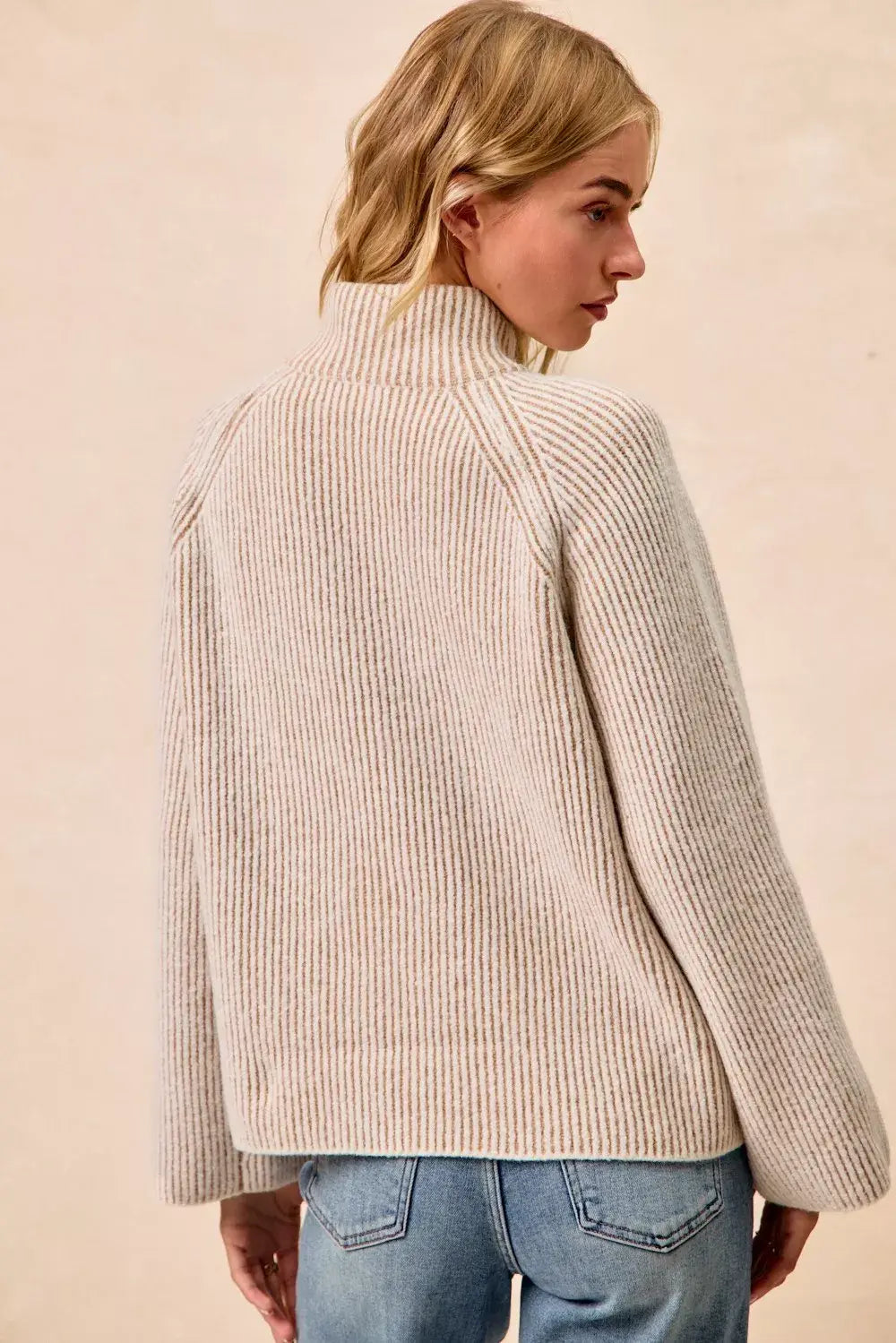 BiBi Two Tone Rib Texured Knit Collared Top with Zip Up - Trendsi - Flyclothing LLC