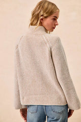 BiBi Two Tone Rib Texured Knit Collared Top with Zip Up - Trendsi - Flyclothing LLC