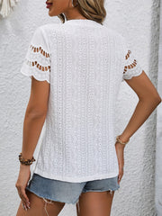 Full Size Eyelet Round Neck Short Sleeve Top - Trendsi