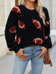 Fuzzy Football Round Neck Dropped Shoulder Sweater - Trendsi
