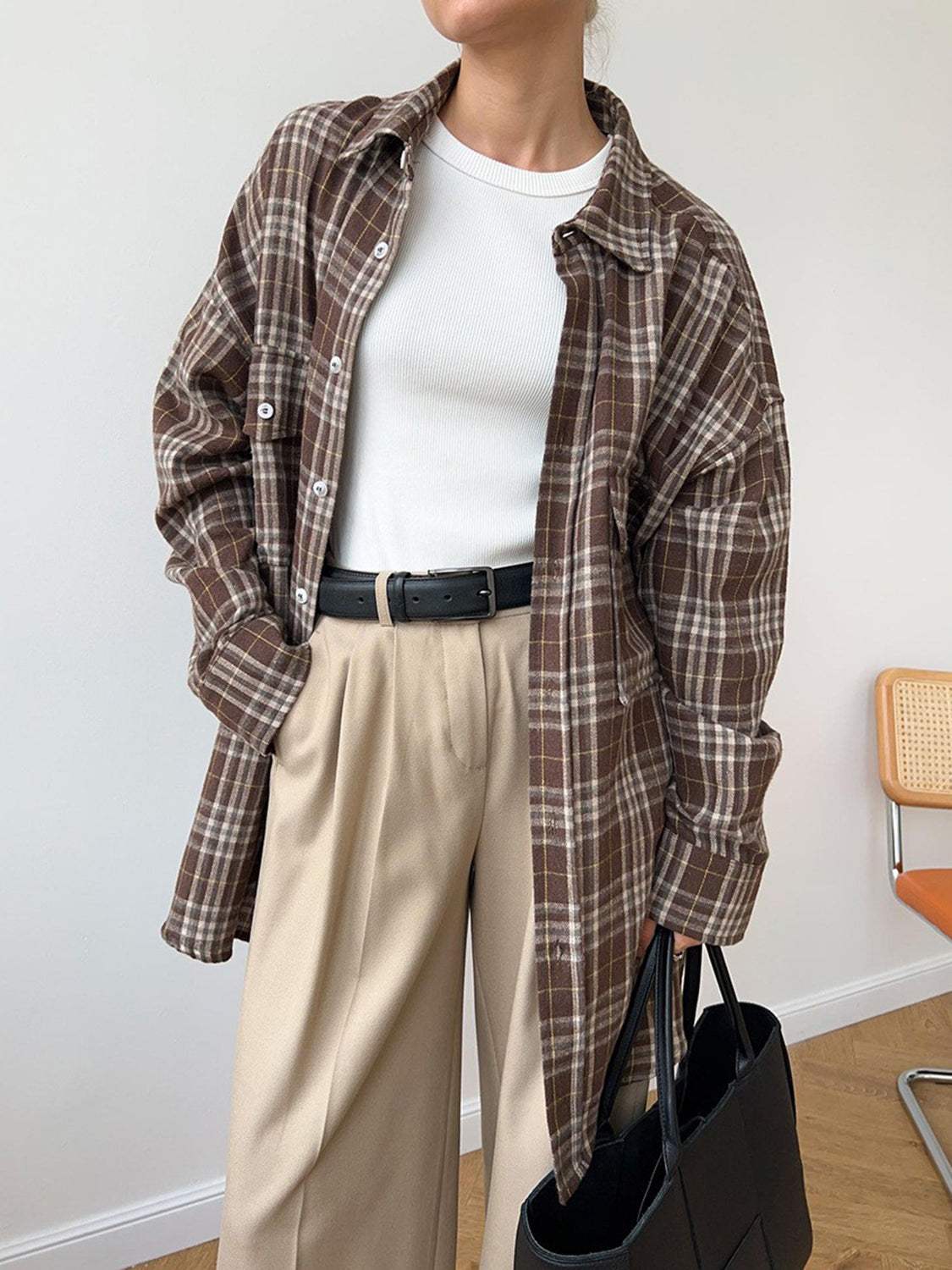 Pocketed Plaid Button Up Shacket - Trendsi - Flyclothing LLC
