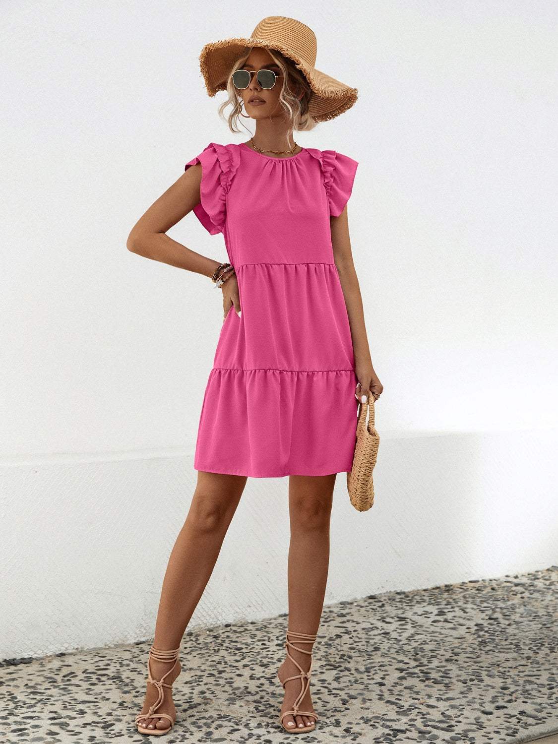 Ruffled Round Neck Cap Sleeve Mini Dress - Trendsi - Flyclothing LLC
