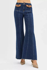 RISEN High Rise Wide Flare Jeans with Front Leather Pocket Detail - Trendsi - Flyclothing LLC
