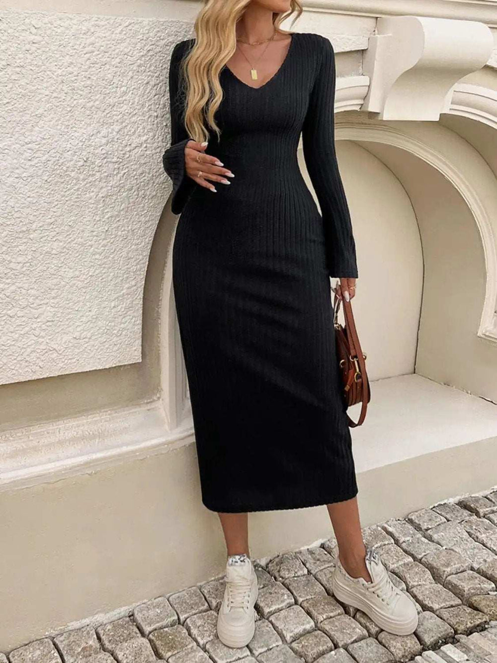 Devine Tied V-Neck Long Sleeve Sweater Dress - Trendsi - Flyclothing LLC