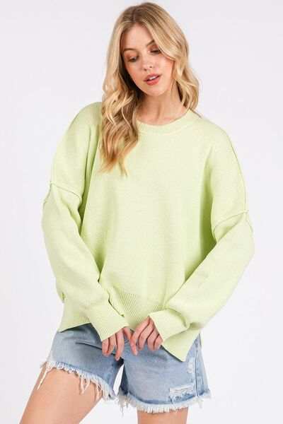 Mittoshop Side Slit Round Neck Drop Shoulder Sweater - Trendsi - Flyclothing LLC