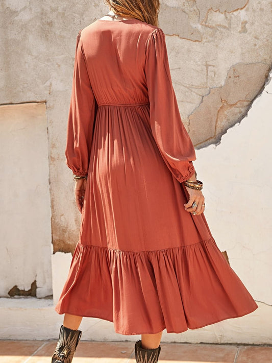 Ruched V-Neck Long Sleeve Midi Dress - Trendsi