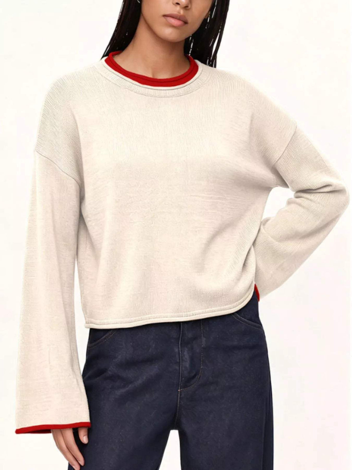 Crew Neck Dropped Shoulder Sweater - Trendsi - Flyclothing LLC