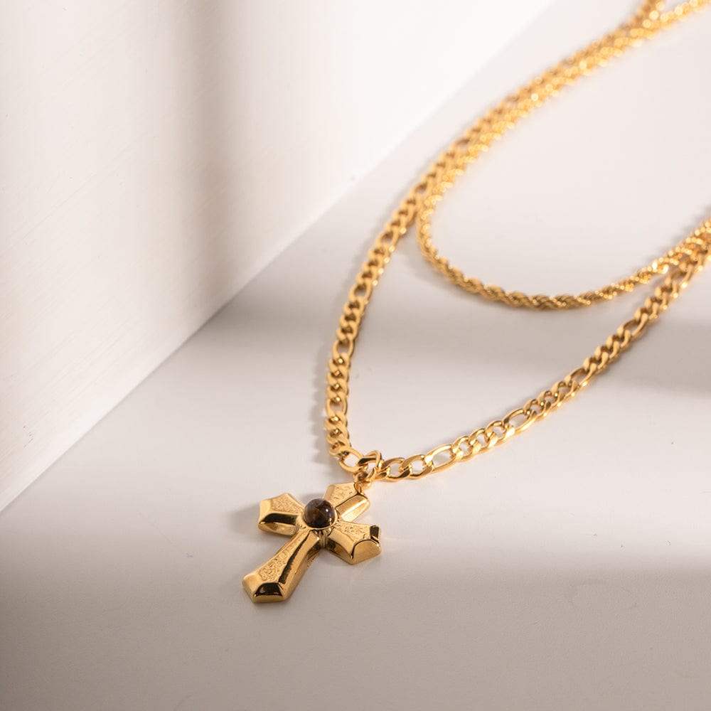 18K Gold-Plated Double Layered Cross Necklace - Trendsi - Flyclothing LLC