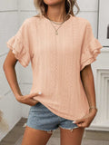 Eyelet Round Neck Flounce Sleeve Top - Trendsi - Flyclothing LLC