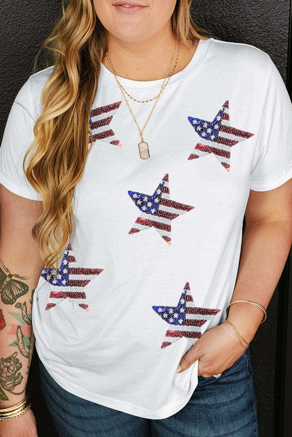 Plus Size Sequin Star Round Neck Short Sleeve T-Shirt - Trendsi - Flyclothing LLC
