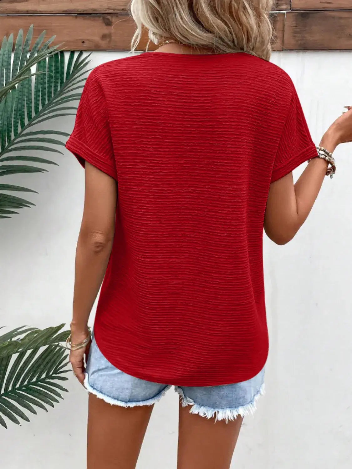 Textured Solid Color Short Sleeve Top - Trendsi - Flyclothing LLC