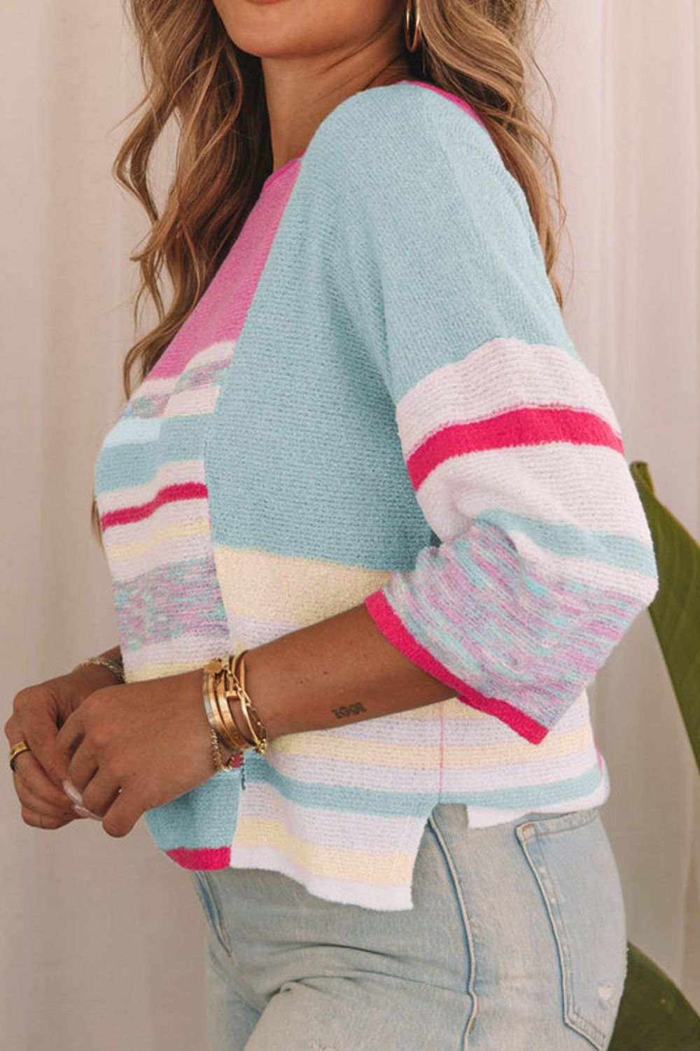 Contrast Round Neck Three-Quarter Sleeve Knit Top - Trendsi - Flyclothing LLC