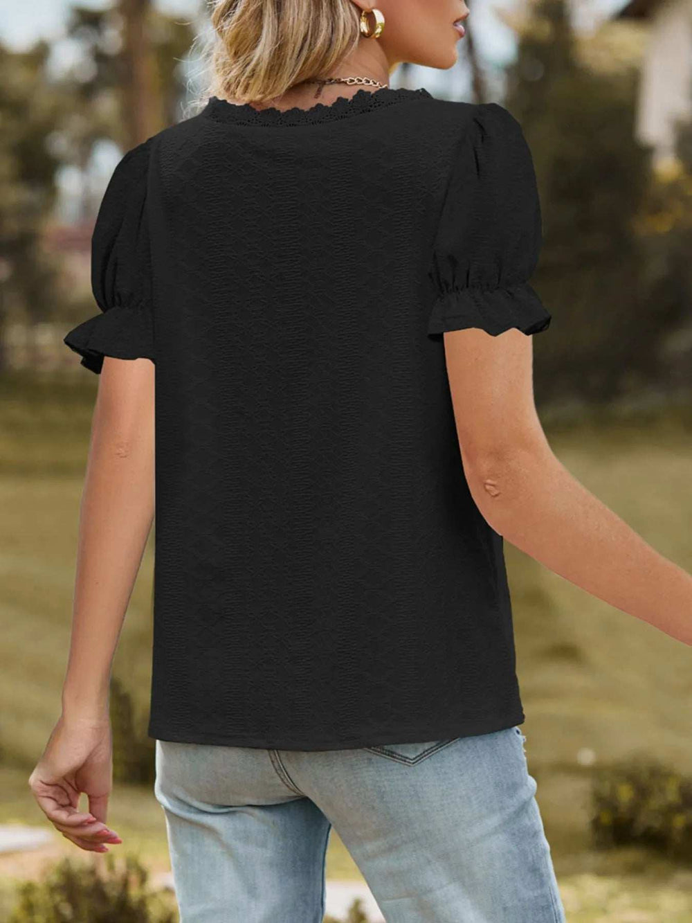 Lace Trim V-Neck Puff Sleeve Blouse - Trendsi - Flyclothing LLC