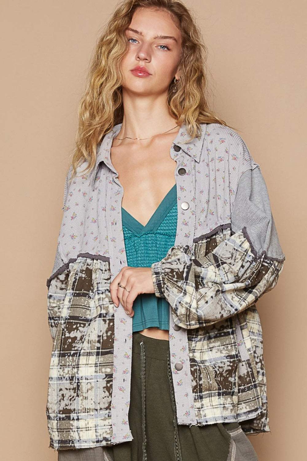 POL Balloon Sleeve Floral Color Block Plaid Shirt - Trendsi - Flyclothing LLC