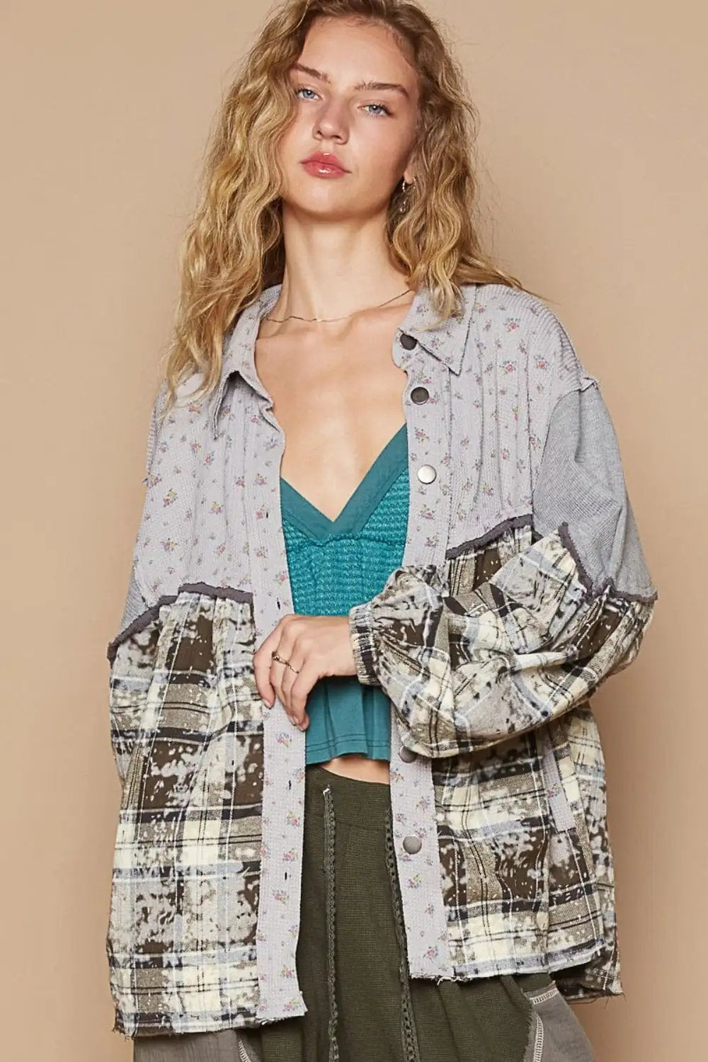 POL Balloon Sleeve Floral Color Block Plaid Shirt - Trendsi
