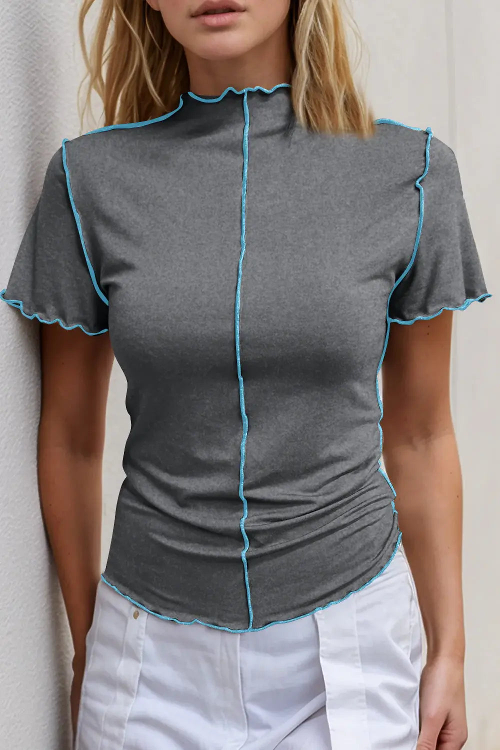 Basic Bae Contrast Trim Mock Neck Short Sleeve T-Shirt - ShopBasicbae - Flyclothing LLC