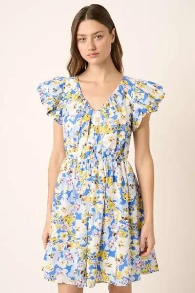 Mittoshop Floral V-Neck Cap Sleeve Mini Dress - Trendsi