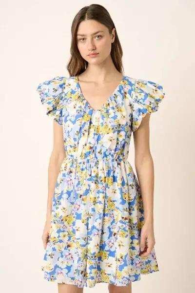 Mittoshop Floral V-Neck Cap Sleeve Mini Dress - Trendsi - Flyclothing LLC