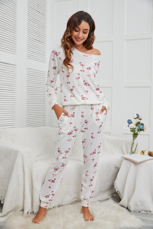 Flamingo Long Sleeve Top and Pants Lounge Set - Trendsi