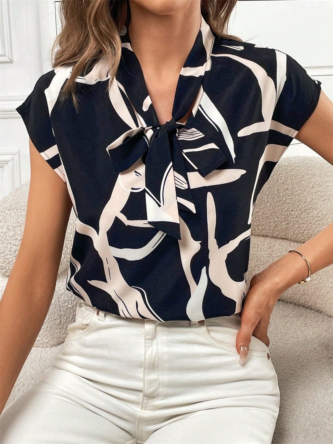 Printed Tie Neck Cap Sleeve Blouse - Trendsi