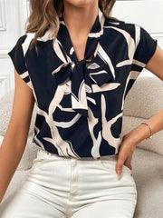 Printed Tie Neck Cap Sleeve Blouse - Trendsi