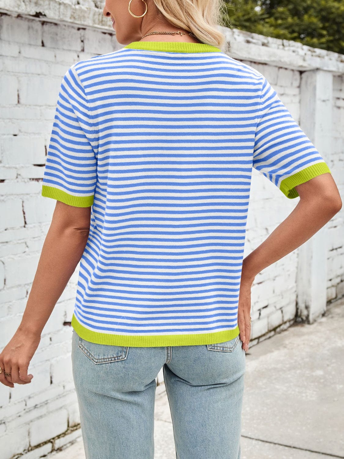 Lovelet Striped Contrast Round Neck Half Sleeve Knit Top - Trendsi
