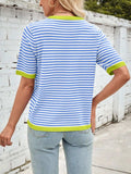 Lovelet Striped Contrast Round Neck Half Sleeve Knit Top - Trendsi - Flyclothing LLC