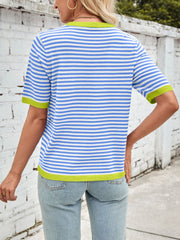 Lovelet Striped Contrast Round Neck Half Sleeve Knit Top - Trendsi