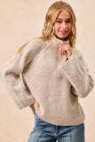 BiBi Two Tone Rib Texured Knit Collared Top with Zip Up - Trendsi - Flyclothing LLC