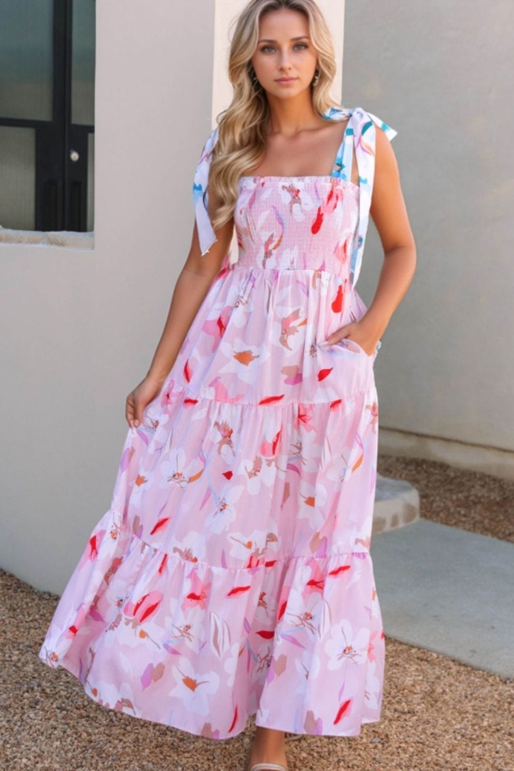 Floral Print Knotted Shoulder Smocked Maxi Dress - Trendsi