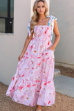 Floral Print Knotted Shoulder Smocked Maxi Dress - Trendsi