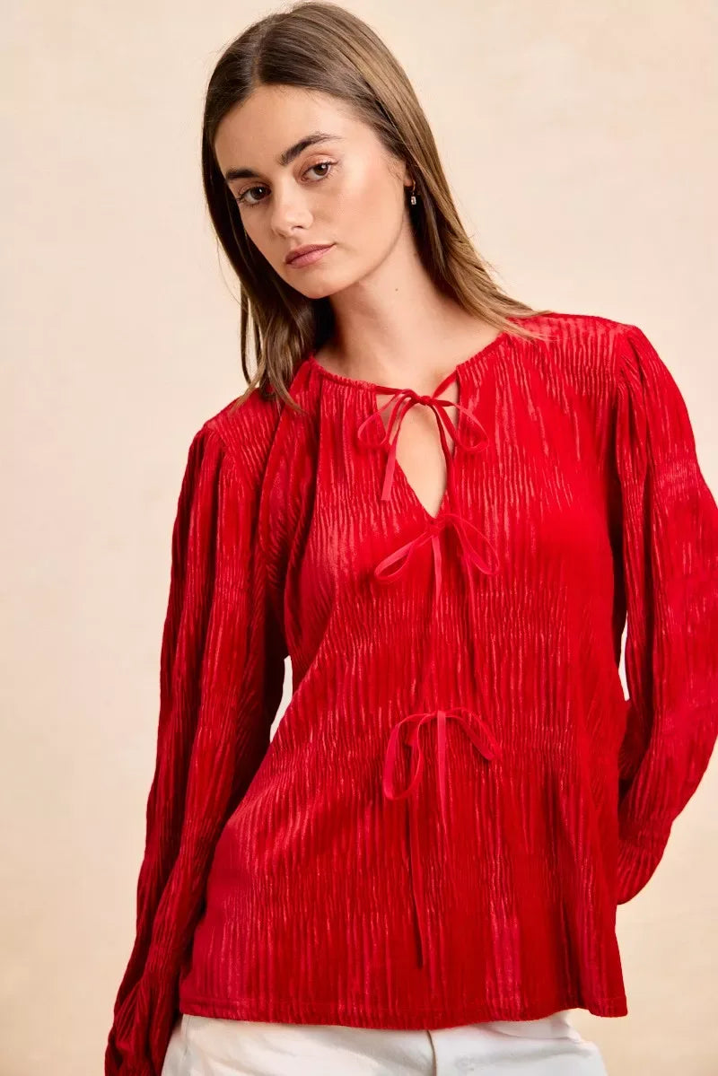 BiBi Christmas Theme Velvet Bow Tied Top With Neck Drop - Trendsi - Flyclothing LLC