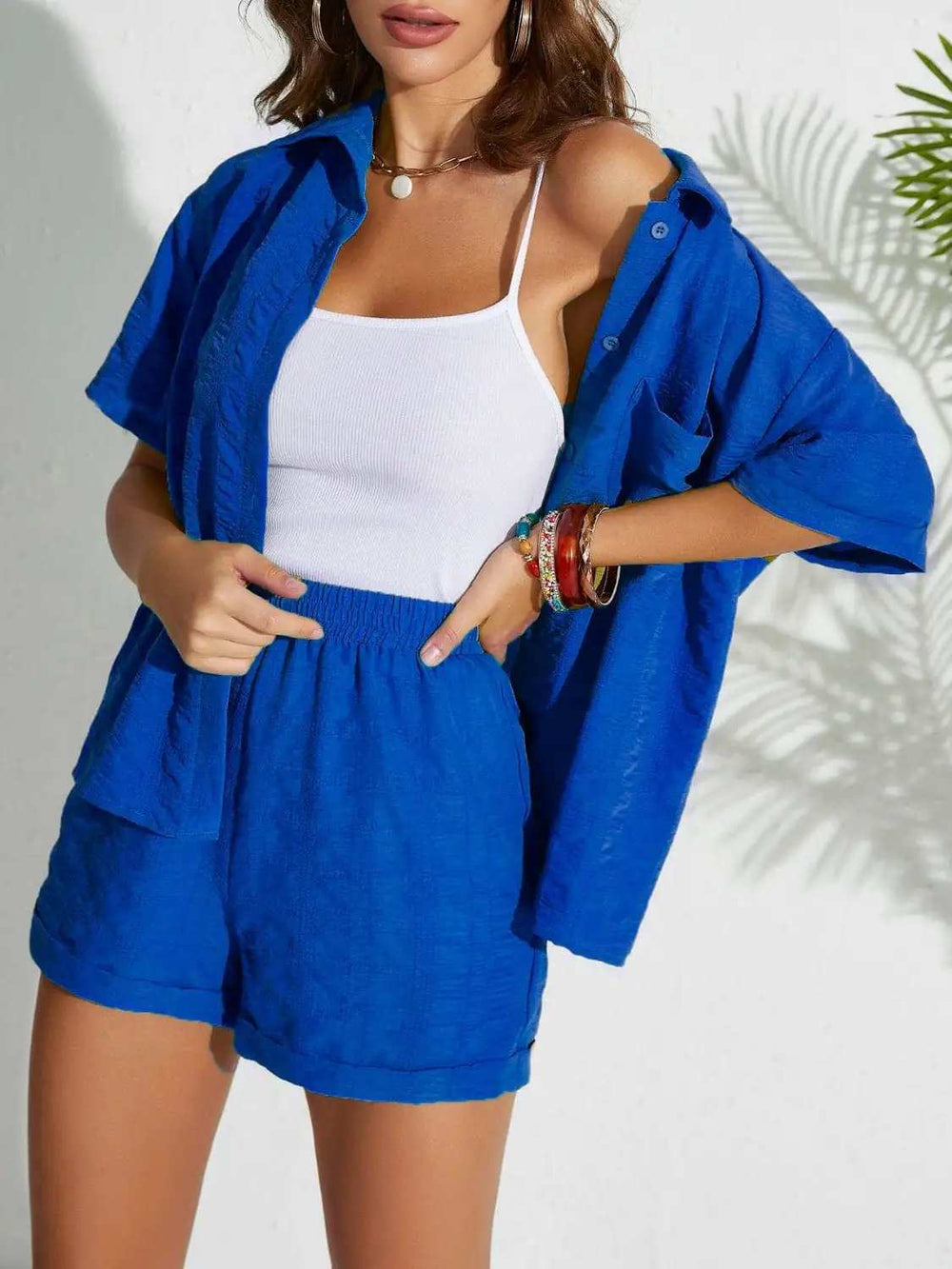 Button Up Half Sleeve Top and Shorts Set - Trendsi - Flyclothing LLC