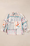 Ruffled Printed Tie Neck Three-Quarter Sleeve Blouse - Trendsi - Flyclothing LLC