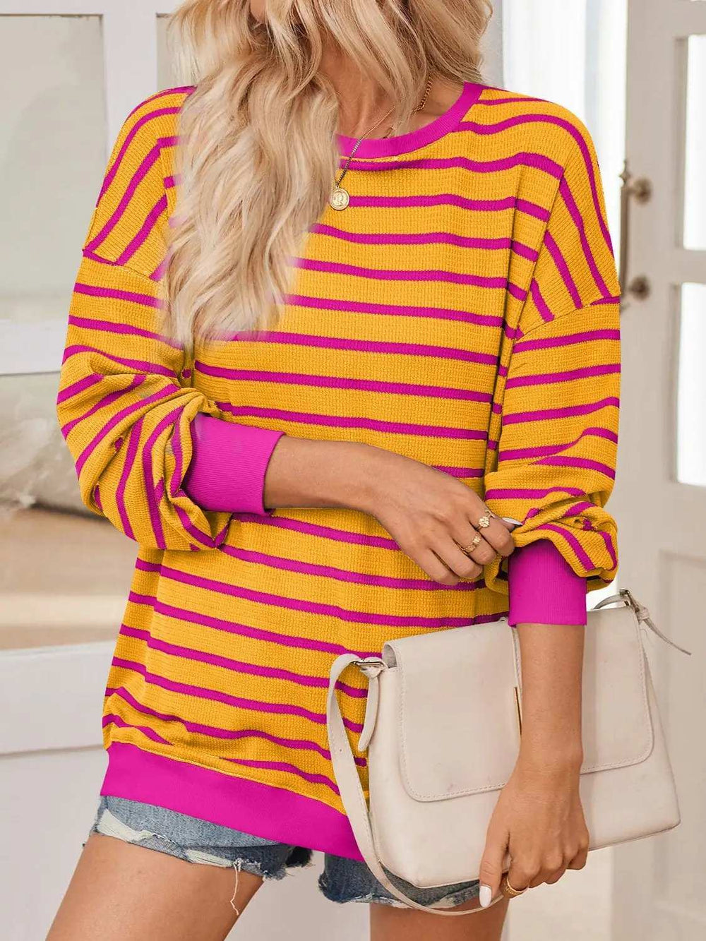 Lovelet Striped Contrast Long Sleeve Sweatshirt - Trendsi - Flyclothing LLC