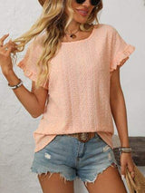 Mandy Eyelet Round Neck Short Sleeve Top - Trendsi - Flyclothing LLC